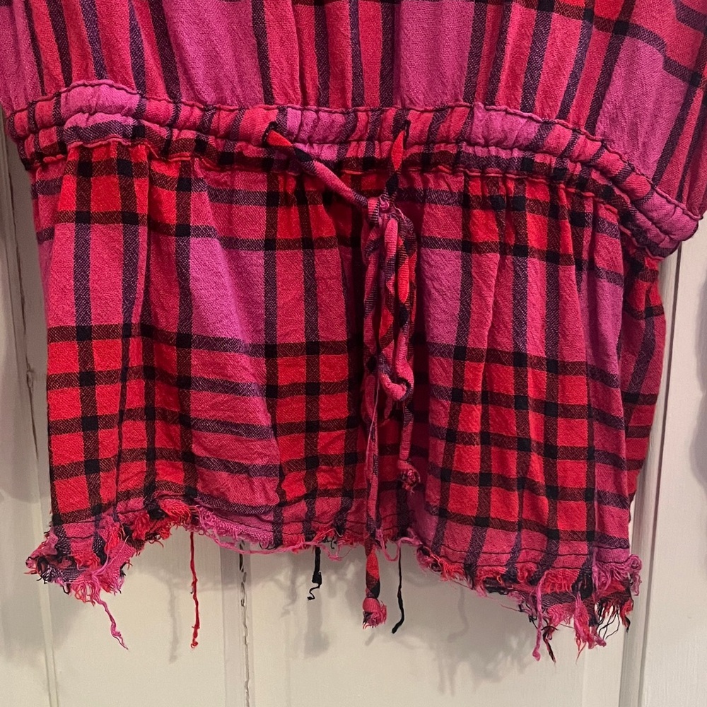 FP We The Free Pacific Dawn Drawstring Plaid Shirt Red Pink Black Button Down - Picture 6 of 10